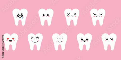 Kawaii. Cute teeth emoji and emoji set with different facial expressions. Vector illustration.