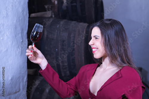 Portrait of beautiful young woman in a red dress looking at a glass of red wine from her cellar. Concept businesswoman  entrepreneur  drink  wine  alcohol.