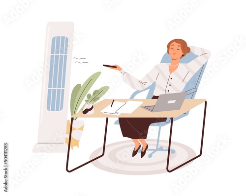 Air conditioner cooling temperature in office. Happy person turning on condit...