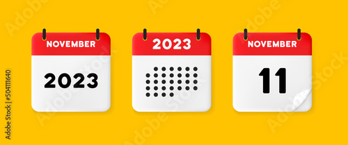 Calendar set icon. Calendar on a yellow background with eleven november, 2022, 11 number text. Reminder. Date menegement concept. Vector line icon for Business and Advertising