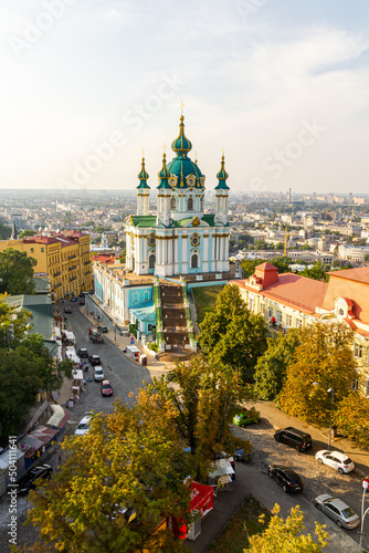 Kyiv, Ukraine – August 12, 2014: Aerial view on historical St Andrew's Church. A beautiful panorama of Podil area. 