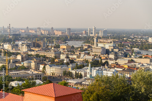 Kyiv, Ukraine – August 12, 2014: A beautiful panorama of Podil area. Aerial view on residential and touristic areas. A lot of buildings of different architectural style. Historical area, Dnipro river.