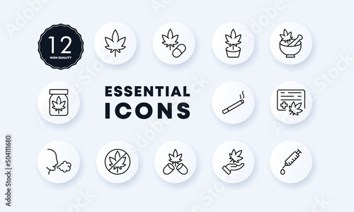 Narcotic substances set icon. Cannabis, hemp, marijuana, tobacco, cigarettes, injection, legalize. Drugs for medical purposes. Neomorphism style. Vector line icon for Business and Advertising
