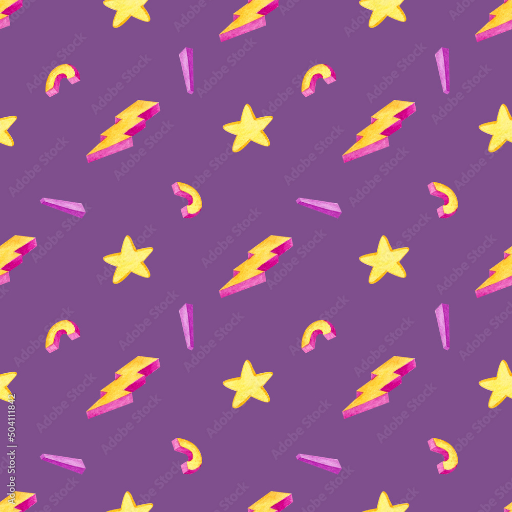 Seamless pattern with lightning and stars in the style of the 80s on a purple background. Watercolor illustration. Bright. Print on fabric. Printing on cards and paper. Multicolored. Design. Art. Seamless pattern with lightning and stars in the style of the 80s on a purple background. Watercolor illustration. Bright. Print on fabric. Printing on cards and paper. Multicolored. Design. Art.