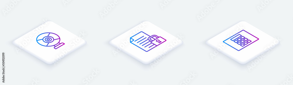 Set Isometric line Security camera, Document and lock and Password protection. White square button. Vector Set Isometric line Security camera, Document and lock and Password protection. White square button. Vector