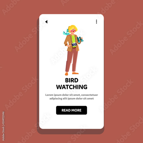 Bird Watching Woman In Binoculars Tool Vector. Ornithologist Young Girl Bird Watching, Researching Nature. Character Lady Ecotourism Hobby And Adventure Web Flat Cartoon Illustration