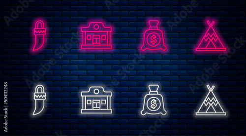 Set line Wild west saloon, Money bag, Tooth and Indian teepee or wigwam. Glowing neon icon on brick wall. Vector