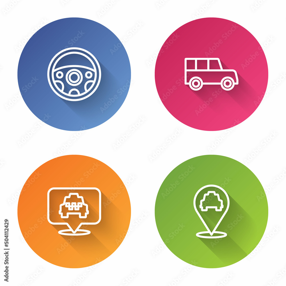 Set line Steering wheel, Car, Location with taxi and . Color circle button. Vector Set line Steering wheel, Car, Location with taxi and . Color circle button. Vector