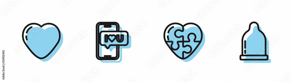 Set line Heart, , Mobile with heart and Condom icon. Vector Set line Heart, , Mobile with heart and Condom icon. Vector
