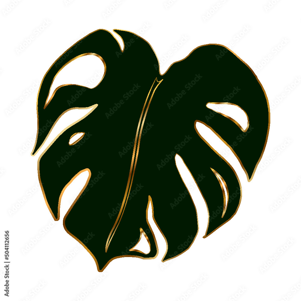 Monstera green leaf tinted with gold outline, element of decor, print Monstera green leaf tinted with gold outline, element of decor, print