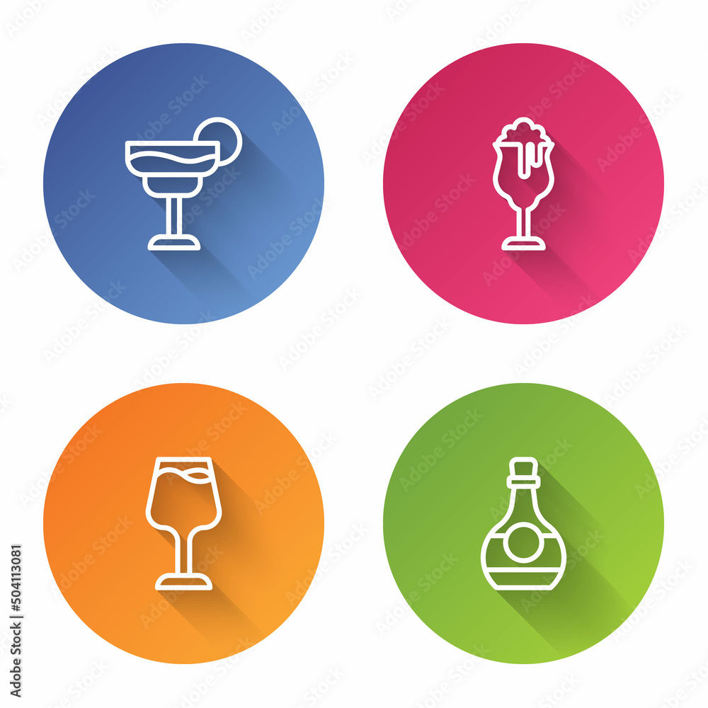 Set line Cocktail, Glass of beer, Wine glass and Bottle cognac or brandy. Color circle button. Vector Set line Cocktail, Glass of beer, Wine glass and Bottle cognac or brandy. Color circle button. Vector