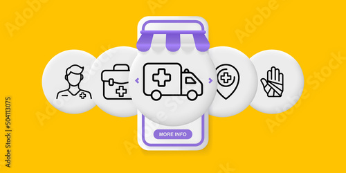 Diseases set icon. Doctor, first aid kit, suitcase, ambulance, pointer, fracture, bandage, dressing. Health care concept. UI phone app screens with people. Vector line icon for Business