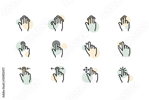 Hand set icon. Cursor, mouse, index finger, sliding, scrolling. Gestures concept. Vector line icon for Business and Advertising
