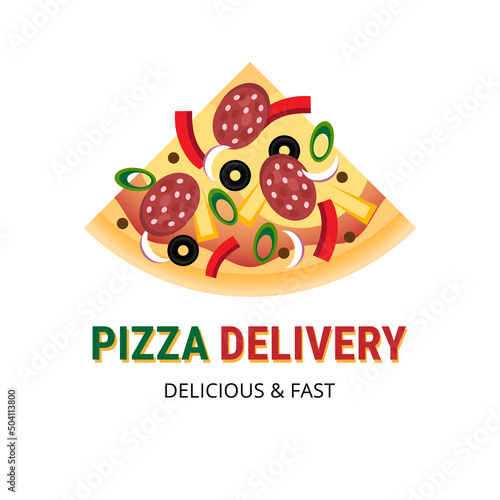 Pizzeria logo with pizza delivery. Slice of pizza with sausage. Vector stock illustration