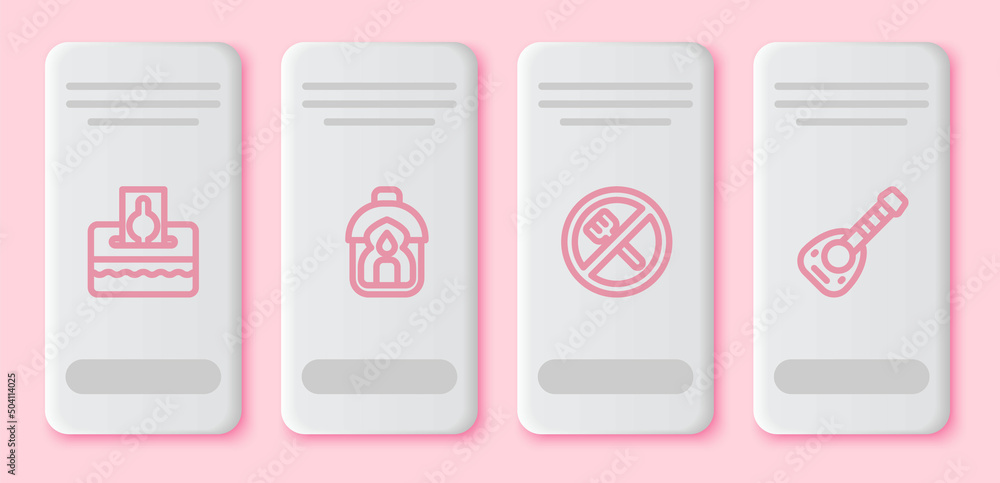 Set line Donate or pay your zakat, Ramadan Kareem lantern, fasting and Lute. White rectangle button. Vector Set line Donate or pay your zakat, Ramadan Kareem lantern, fasting and Lute. White rectangle button. Vector