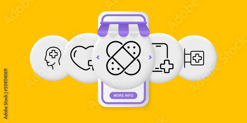 Medicine set icon. Doctor, patient, heart, patch, pharmacy, ambulance. Health care concept. UI phone app screens with people. Vector line icon for Business and Advertising