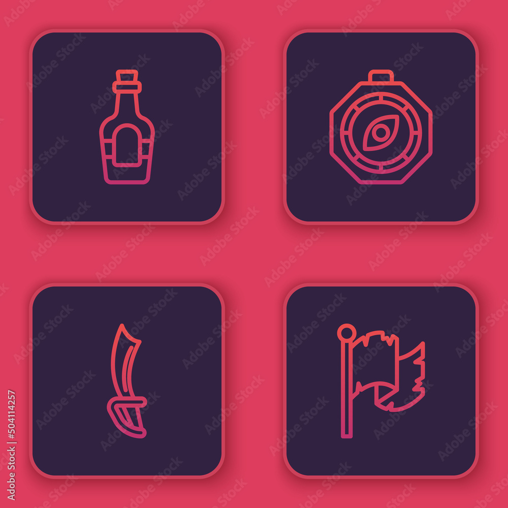 Set line Alcohol drink Rum, Pirate sword, Compass and flag. Blue square button. Vector Set line Alcohol drink Rum, Pirate sword, Compass and flag. Blue square button. Vector