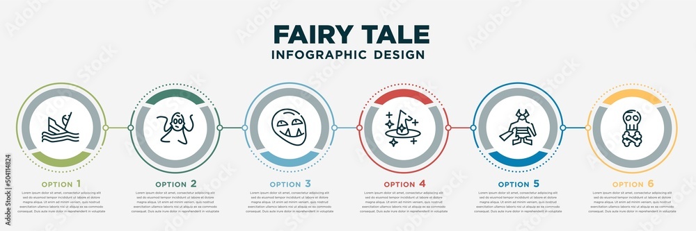 infographic template design with fairy tale icons. fairy tale concept with 6 options or steps. included shipwreck, kraken, troll, magician, giant, jolly roger. can be used web, info graph, flow - obrazy, fototapety, plakaty 