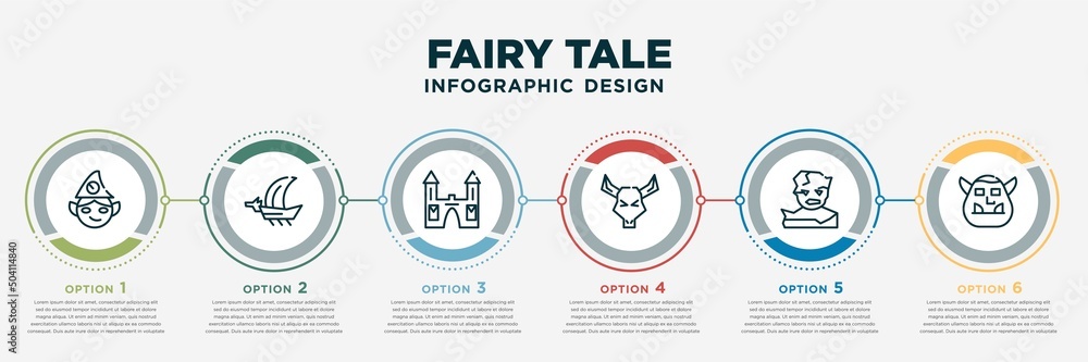 infographic template design with fairy tale icons. fairy tale concept with 6 options or steps. included elf, viking ship, palace, minotaur, , ogre. can be used web, info graph, flow chart. - obrazy, fototapety, plakaty 