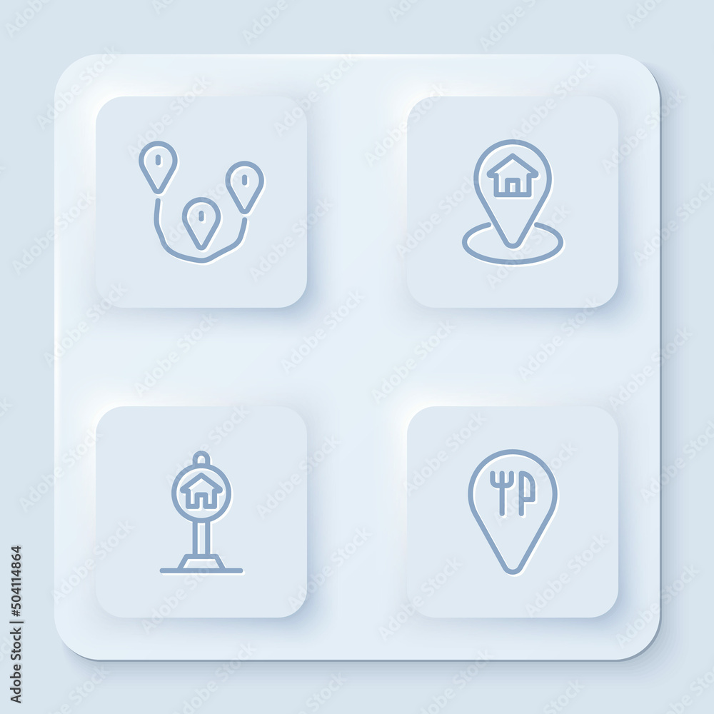 Set line Route location, Location with house, Hotel sign for traffic and Cafe and restaurant. White square button. Vector Set line Route location, Location with house, Hotel sign for traffic and Cafe and restaurant. White square button. Vector
