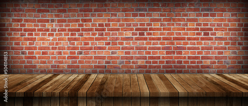 Empty Wooden table with red brick wall