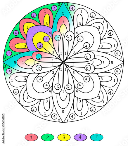 mandala coloring by number with flowers in folk style and colors yellow with pink, coloring book pages
