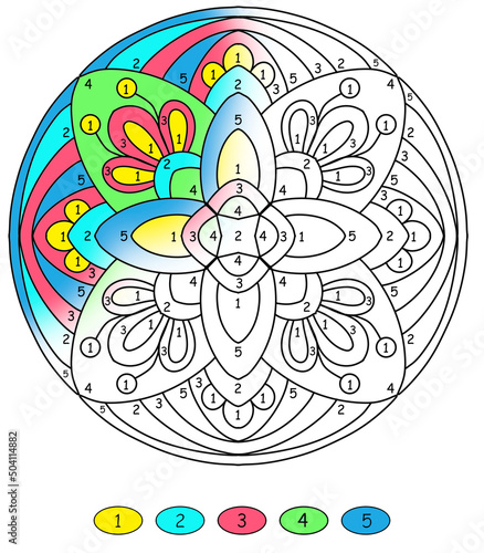 mandala coloring by number with abstract flowers of green and blue colors, coloring book pages