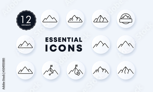 Mountain set icon. Rock, hill, height, climber, emblem, tourism, landscape, route, flag. Mount concept. Neomorphism style. Vector line icon for Business and Advertising