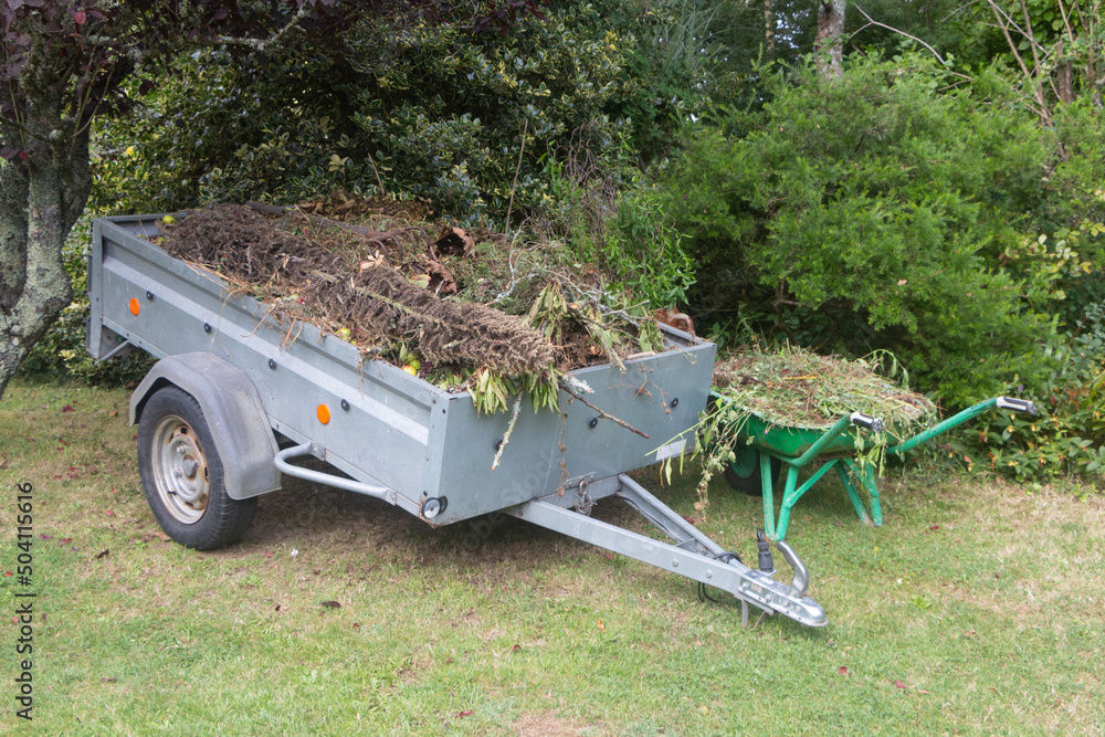 Wheelbarrow and trailer full of garden waste