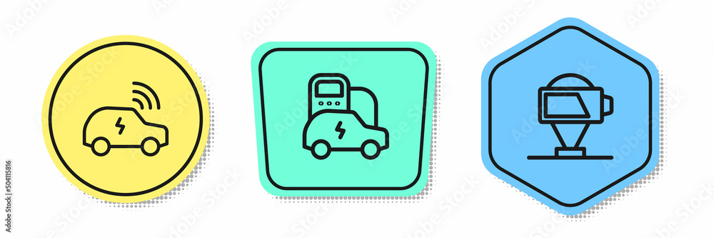 Set line Smart car system, Electric and Battery charge. Colored shapes. Vector