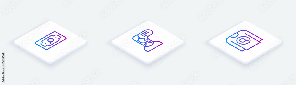 Set Isometric line Money growth woman, Female opinion and Feminist shirt. White square button. Vector Set Isometric line Money growth woman, Female opinion and Feminist shirt. White square button. Vector