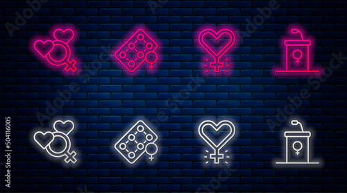 Set line Packaging of birth control pills, Feminism, Female gender and Debate podium rostrum. Glowing neon icon on brick wall. Vector