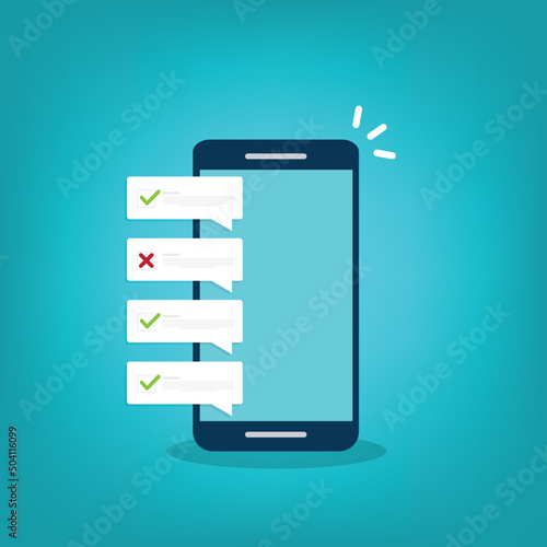 Check list document on smartphone, smartphone with paper check list and to do list with checkboxes, concept of survey, online quiz, completed things or done test, feedback.	