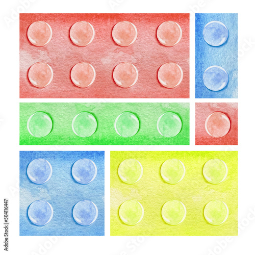 Watercolor illustration of 6 types of color plastic building bricks