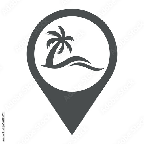 Beach holidays. Destino de vacaciones. Icono plano silueta de la palma con olas en puntero de posición color gris photo