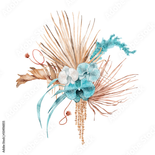 Watercolor tropical bouquet with dried palm leaves and flowers Hand-painted exotic illustration