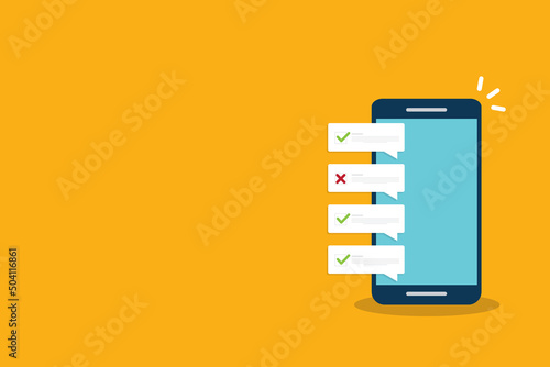 Check list document on smartphone, smartphone with paper check list and to do list with checkboxes, concept of survey, online quiz, completed things or done test, feedback.	 photo