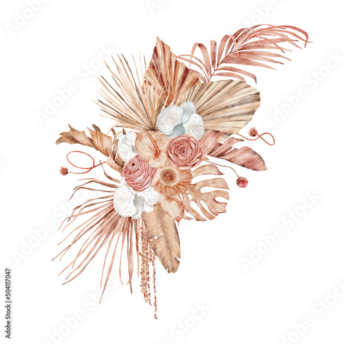 Watercolor tropical bouquet with dried palm leaves and flowers Hand-painted exotic illustration
