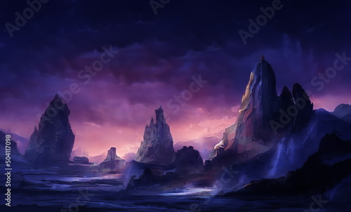Fantastic Winter Epic Magical Landscape of Mountains. Celtic Medieval forest. Frozen nature. Glacier in the mountains. Mystic Night Valley. Purple Sunset. Gaming background. Book Cover and Poster. 