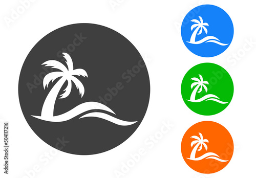 Beach holidays. Logo destino de vacaciones. Icono plano silueta de la palma con olas en c  rculos de varios colores