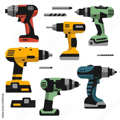Collection vector illustrations of an electrical screwdriver. Flat icon style. A set of simple tool images. Electric Drill, battery, nozzles