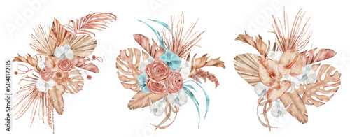 Watercolor tropical bouquet with dried palm leaves and flowers Hand-painted exotic illustration