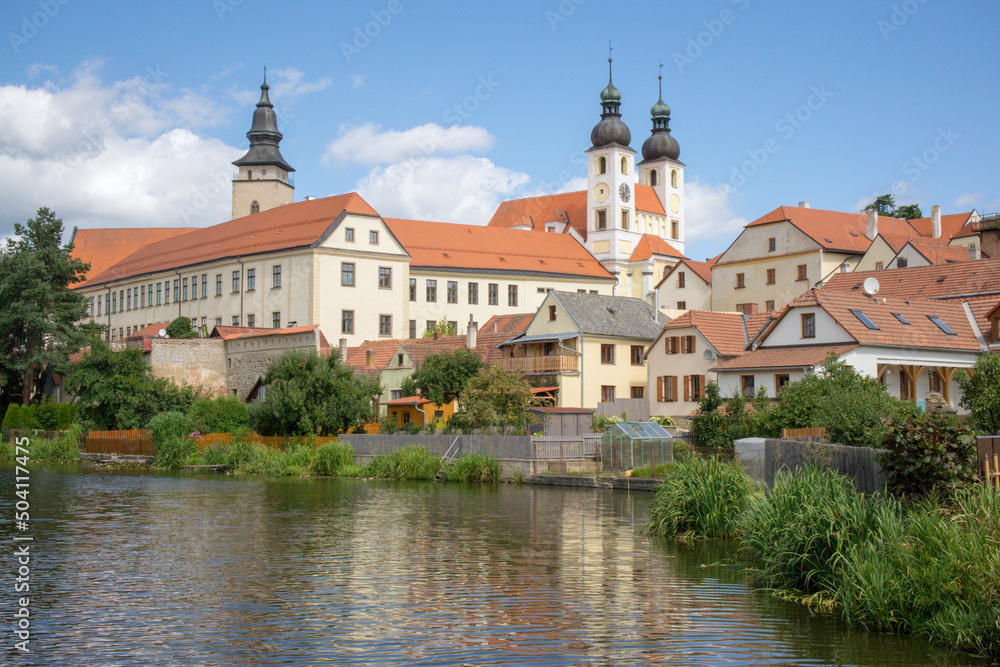 View of Telč across a pond, Czech Republic