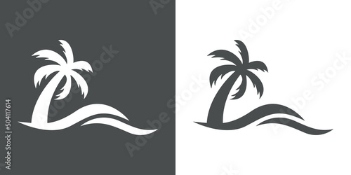 Beach holidays. Logo destino de vacaciones. Icono plano silueta de la palma con olas en fondo gris y fondo blanco