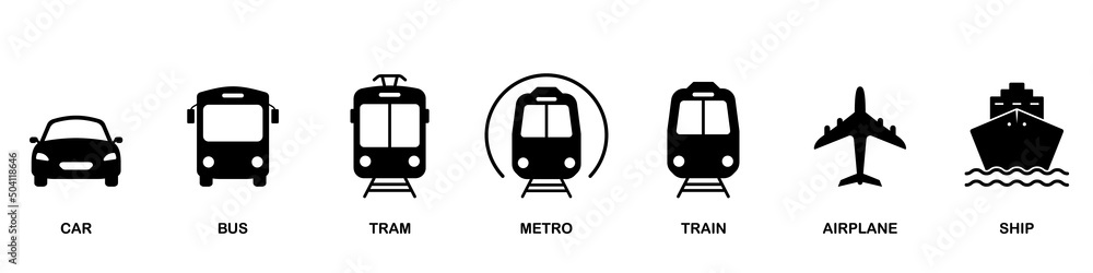 Air, Auto, Railway Transport Silhouette Icon Set. Stop Station Sign for Public Transport Glyph Pictogram. Car, Bus, Tram, Train, Metro, Plane, Ship Icon in Front View. Isolated Vector Illustration - obrazy, fototapety, plakaty 