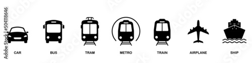 Air, Auto, Railway Transport Silhouette Icon Set. Stop Station Sign for Public Transport Glyph Pictogram. Car, Bus, Tram, Train, Metro, Plane, Ship Icon in Front View. Isolated Vector Illustration photo