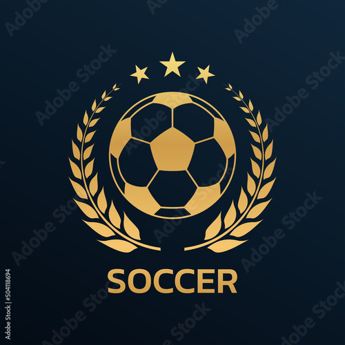 Soccer logo. Football club or team emblem, badge, icon design with a ball and laurel wreath. Sport tournament, league, championship label. Vector illustration.