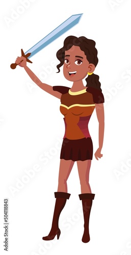 Dark-skinned warrior girl with a raised sword