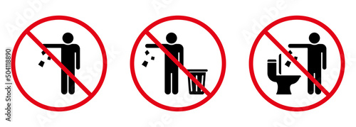 Do Not Throw Trash in Toilet Sign Silhouette Icon. Forbidden Throw Rubbish, Waste, Garbage Symbol. Warning Please Drop Litter in Bin Icon. Keep Clean Glyph Pictogram. Isolated Vector Illustration