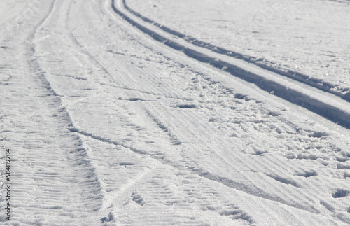 Skiers on a snowy ski run